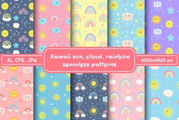 Download Kawaii Sun, Cloud, Rainbow Patterns Set - Rainbow patterns Collection